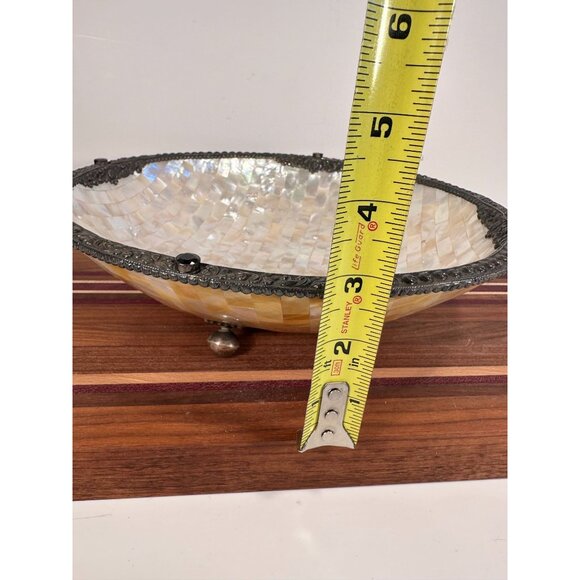 Handcrafted Mother-Of-Pearl Decorative Bowl With Ornate Metal Trim & Gem Accents - Picture 10 of 12